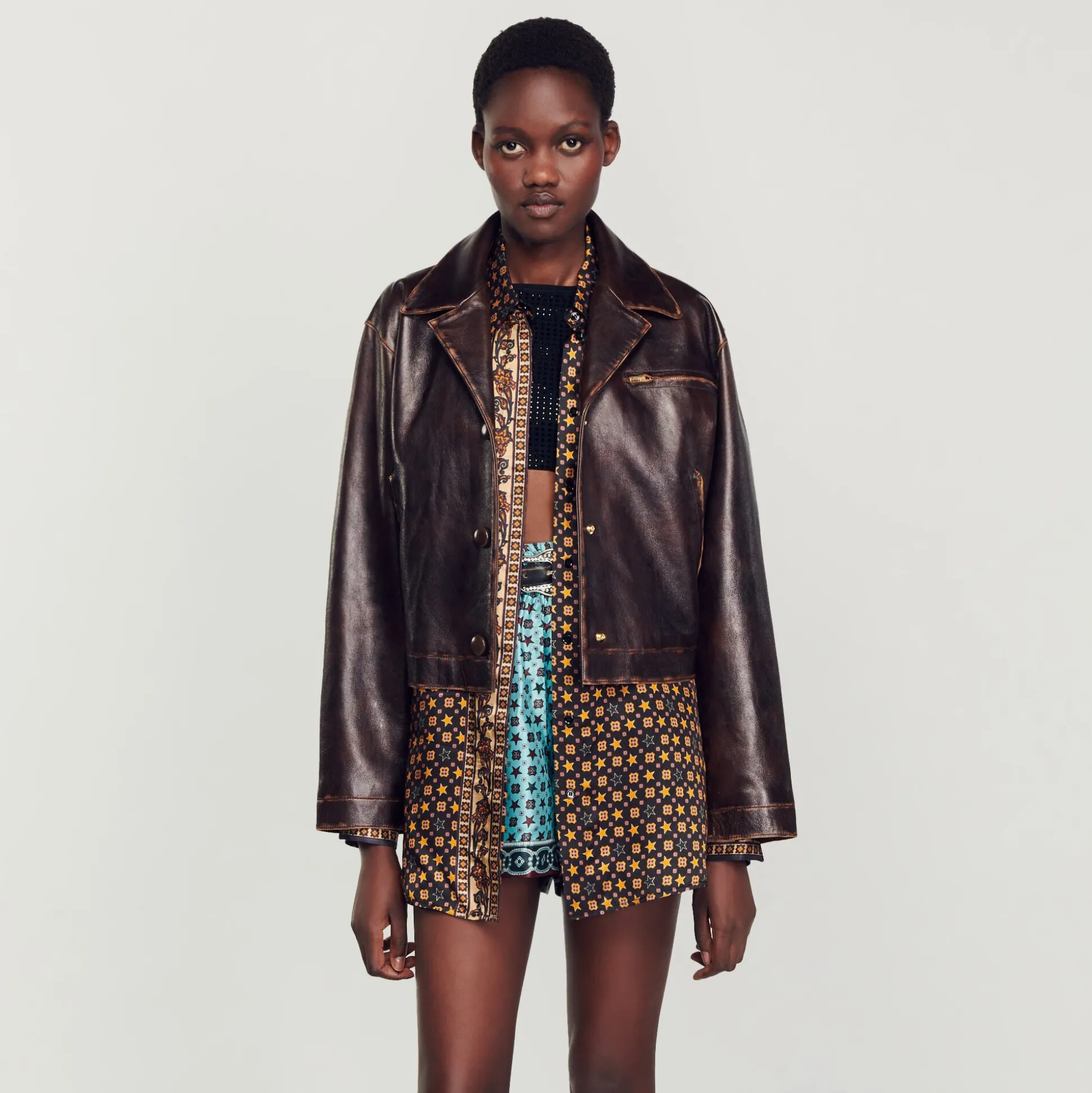 Blouson En Cuir Vieilli