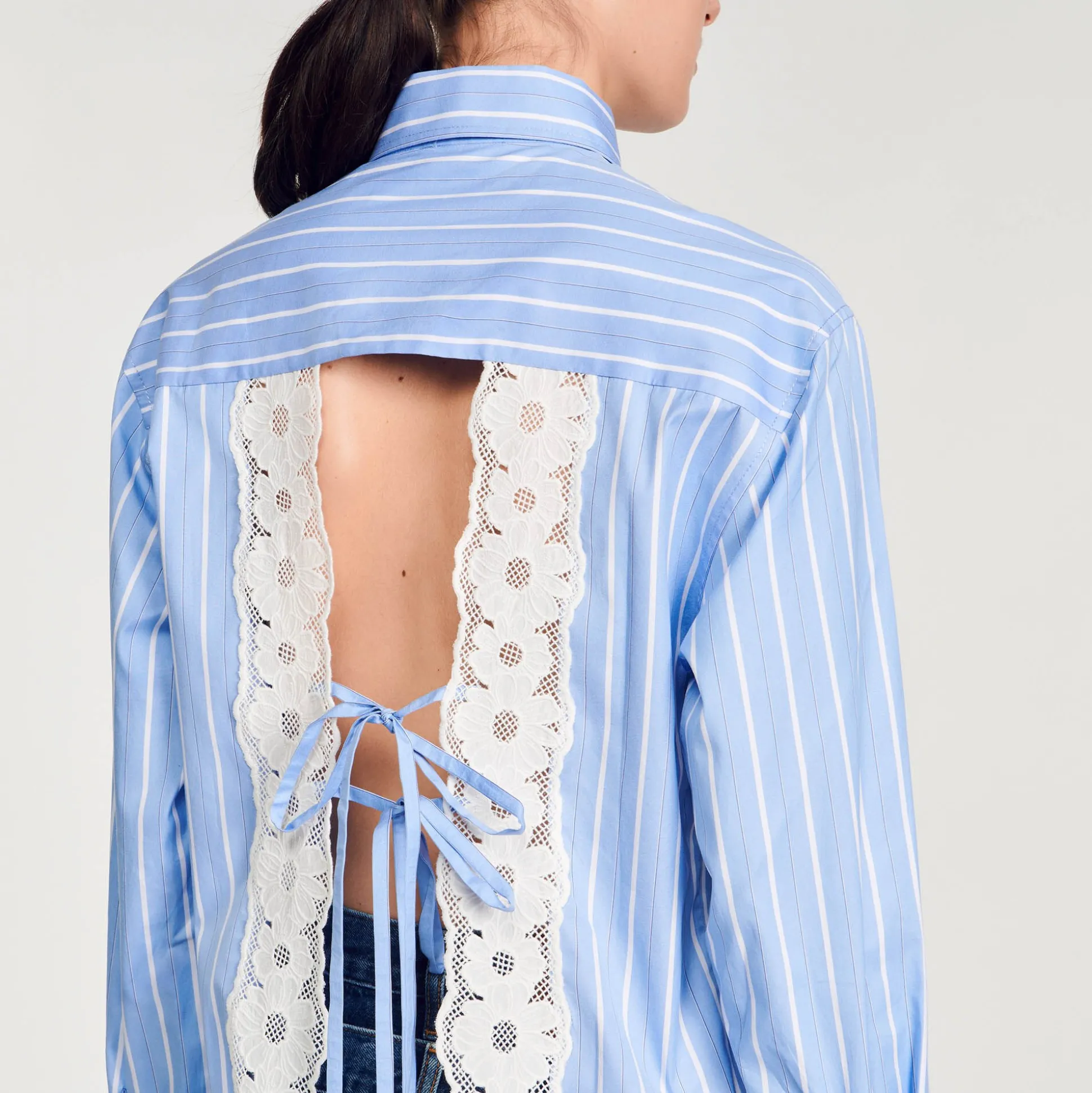 Chemise Rayée à Dos Ouvert En Dentelle