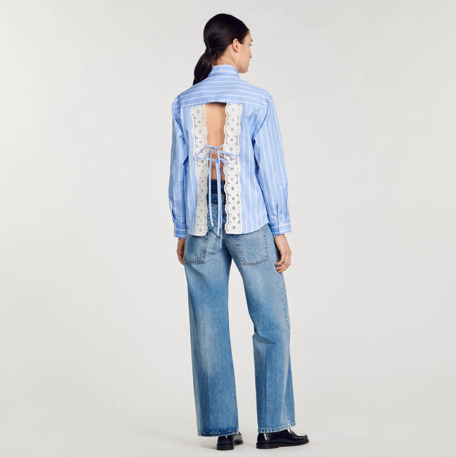 Chemise Rayée à Dos Ouvert En Dentelle