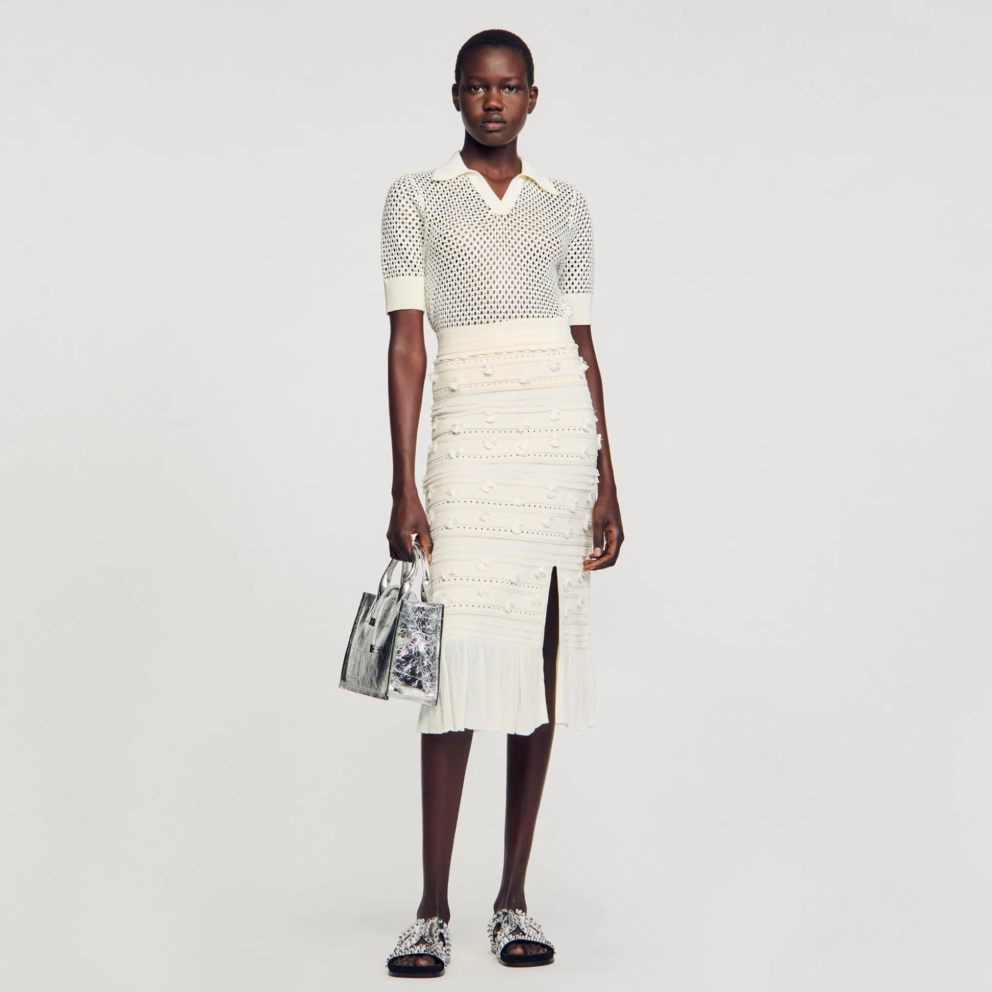 Jupe Midi En Maille Ajourée