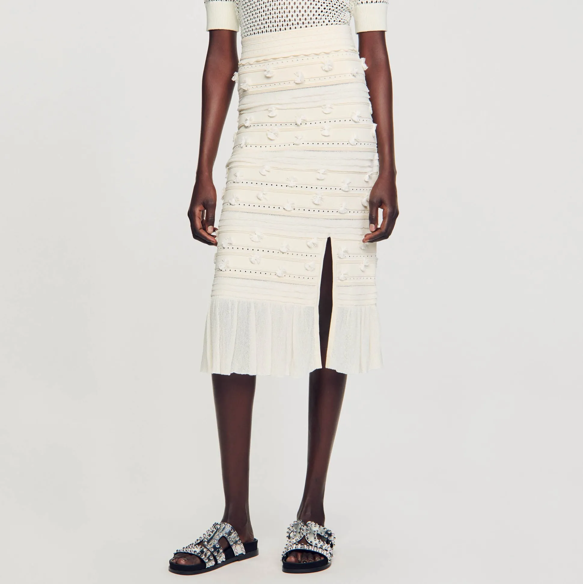 Jupe Midi En Maille Ajourée