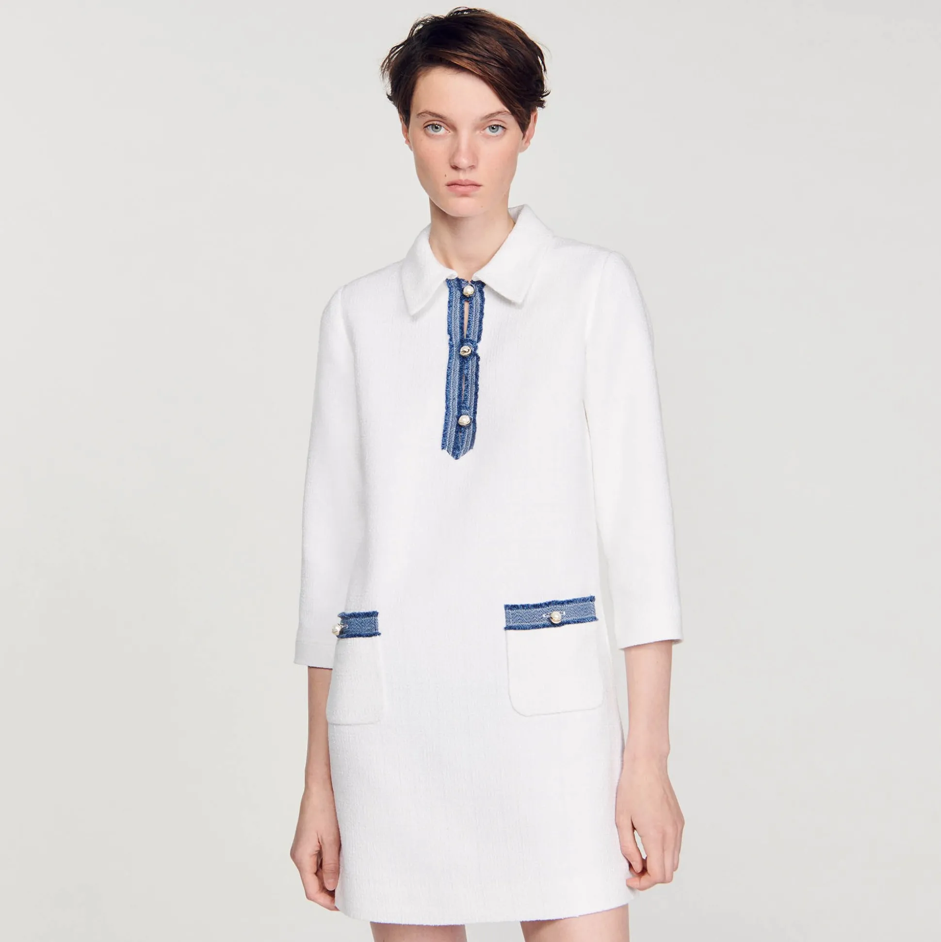Robe Courte En Tweed à Manches Longues