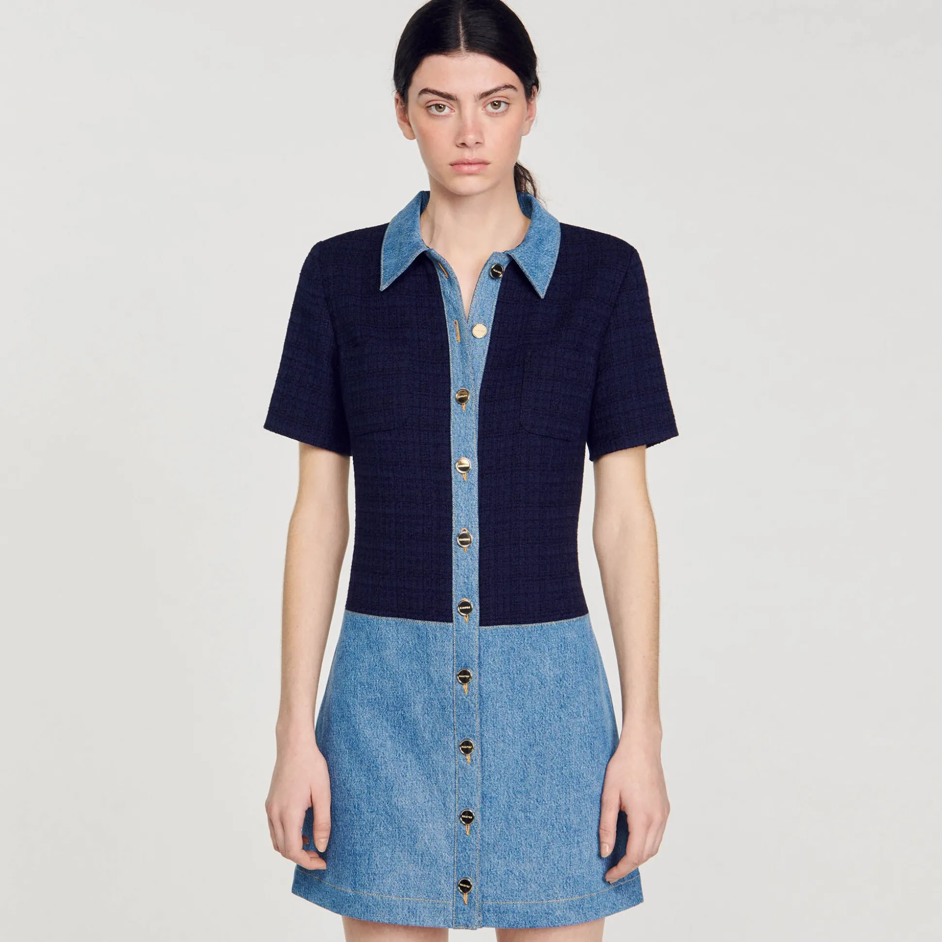 Robe Courte En Tweed Et Denim