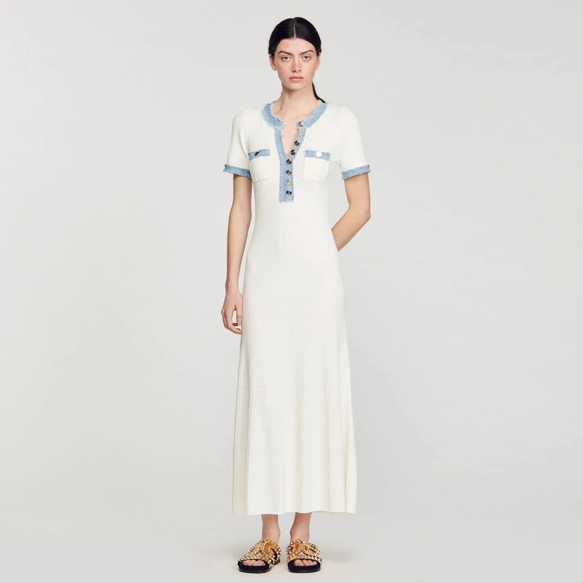 Robe Midi En Maille Et Denim