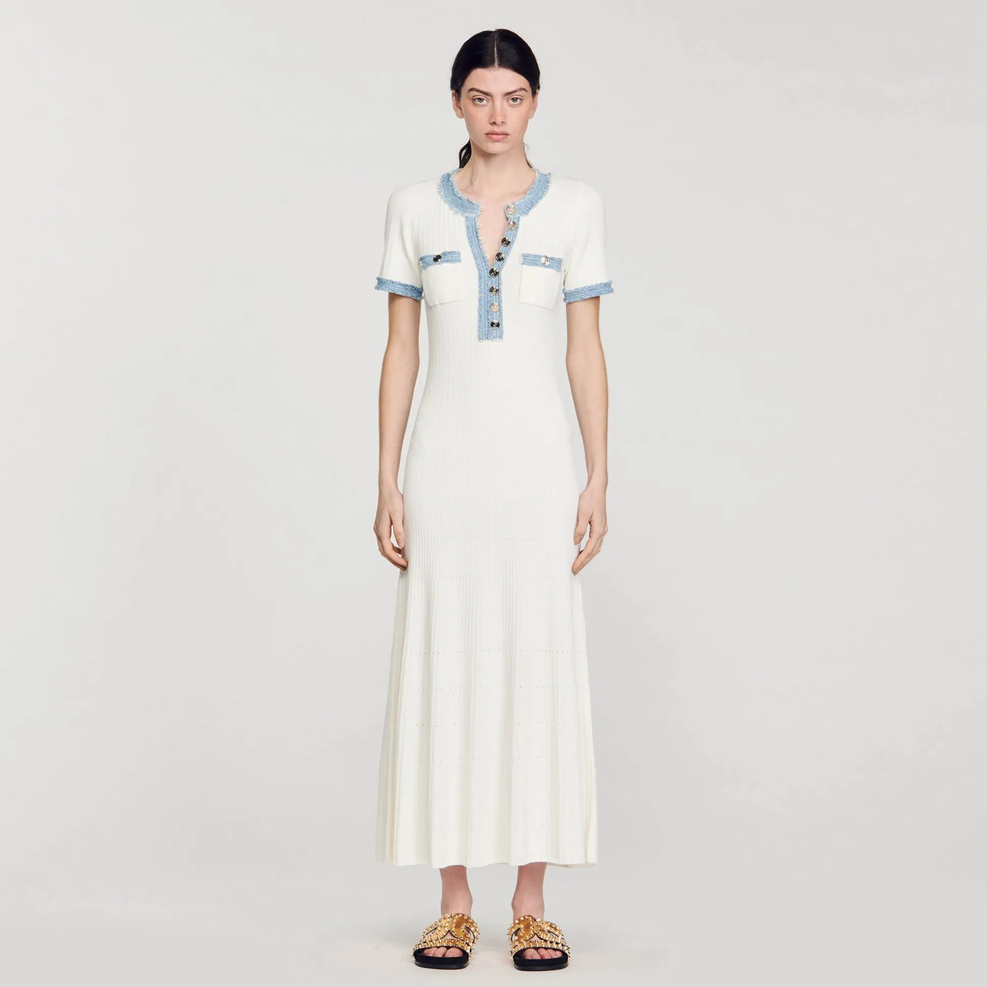 Robe Midi En Maille Et Denim