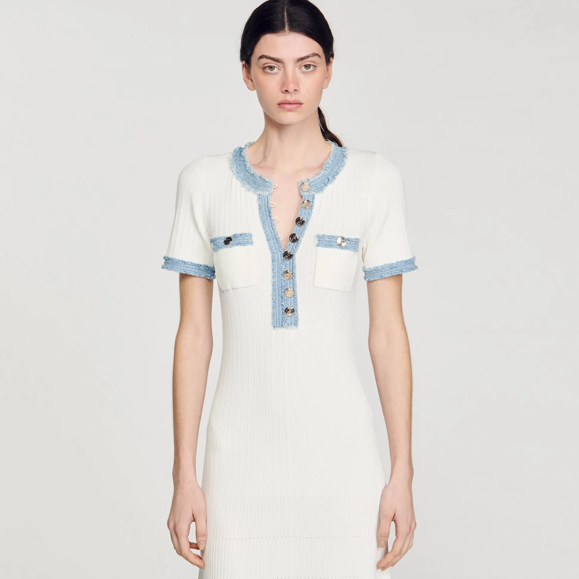 Robe Midi En Maille Et Denim
