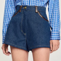 Short En Jean Détails En Cuir