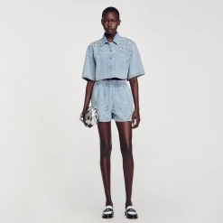 Short Large En Denim Orné De Strass