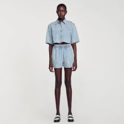Short Large En Denim Orné De Strass