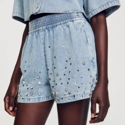 Short Large En Denim Orné De Strass