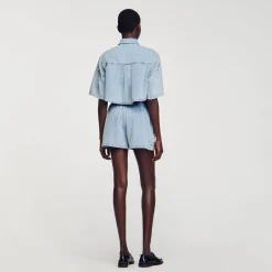 Short Large En Denim Orné De Strass