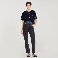 T-shirt Orné De Sequins Fleurs