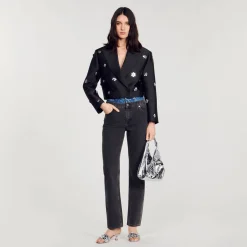 Veste Courte Satinée Ornée De Fleurs