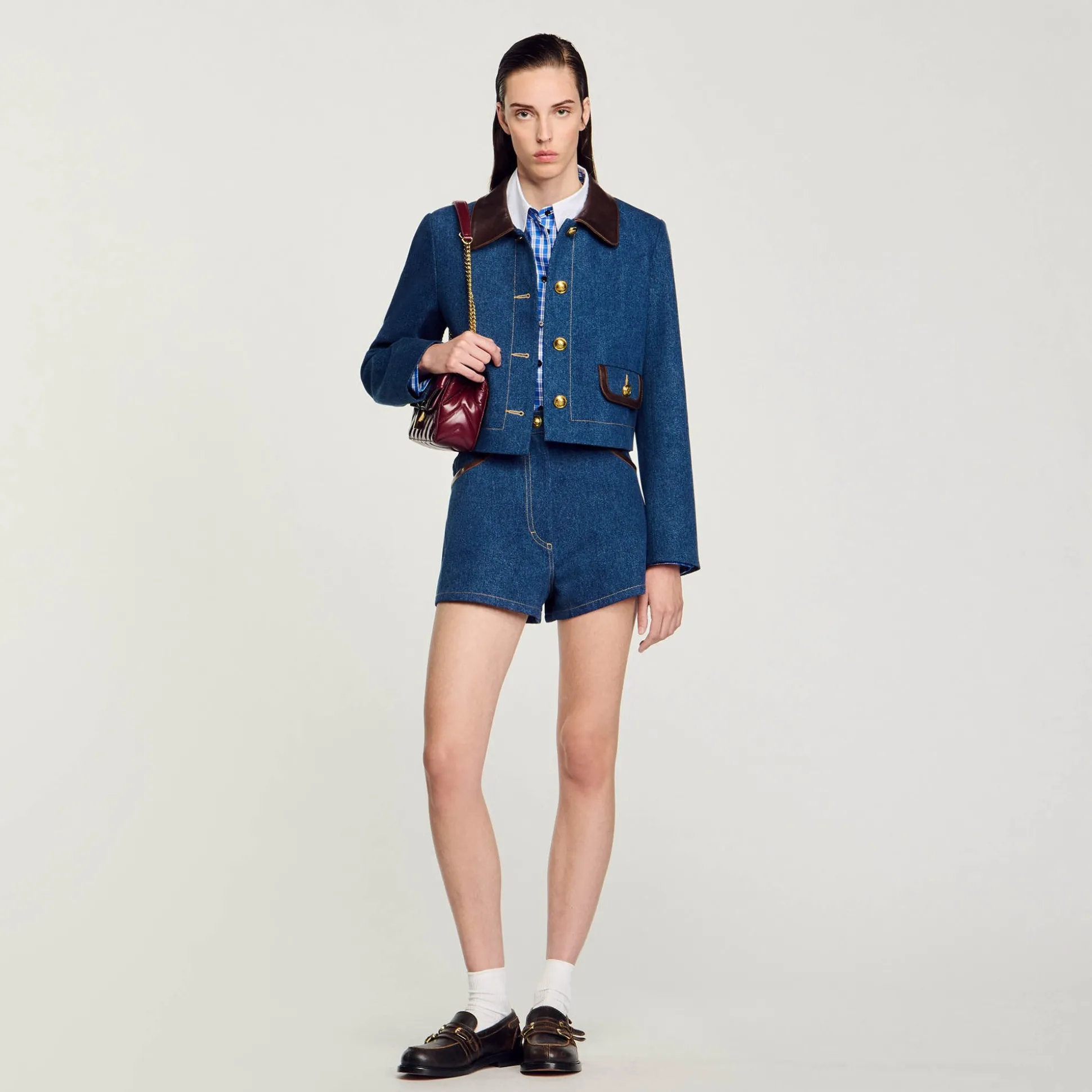 Veste En Jean à Col En Cuir